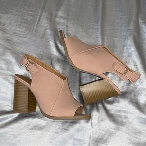blush sling back open toe chunky heel bootie